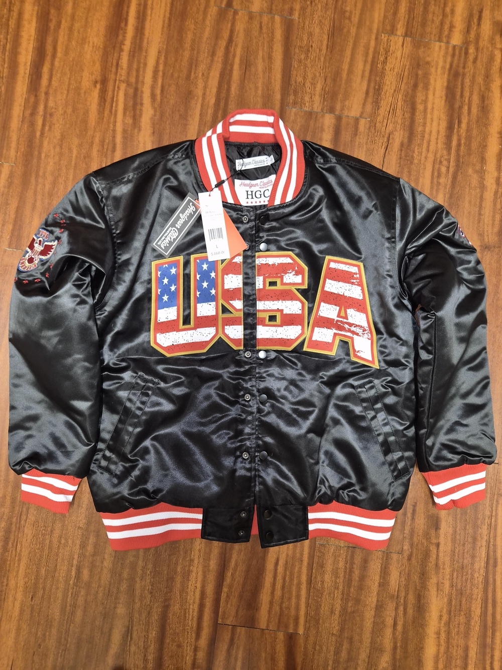 TRUMP! MAGA! HGC Black Satin USA Letterman Bomber Jacket with Red & White Trim